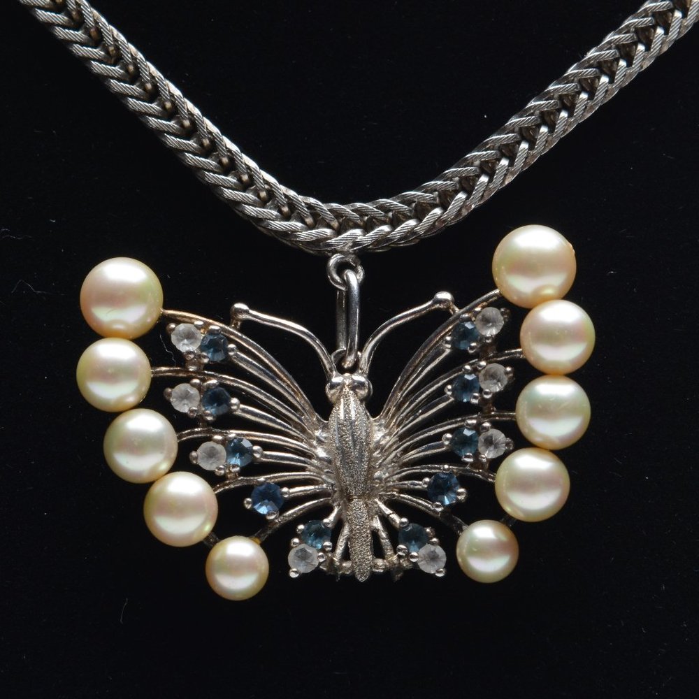 Silver and Blue Rhinestones and Pearl Choker Butterfly Necklace